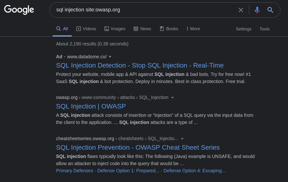 SQLi search from OWASP